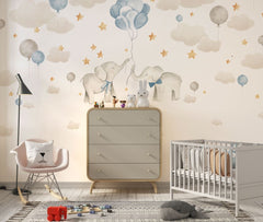 Tapet Personalizat Lumea Animalelor cu elefanti cu baloane albastre pe cerul instelat cu nori - BABY BLUE ELEPHANTS