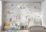 Tapet Personalizat Lumea Animalelor cu elefanti cu baloane albastre pe cerul instelat cu nori - BABY BLUE ELEPHANTS