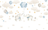 Tapet Personalizat Lumea Animalelor cu elefanti cu baloane albastre pe cerul instelat cu nori - BABY BLUE ELEPHANTS