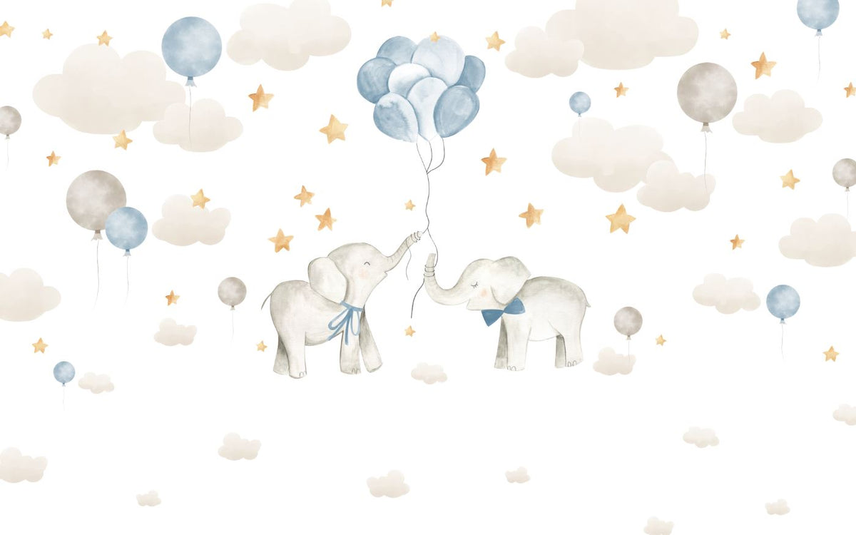 Tapet Personalizat Lumea Animalelor cu elefanti cu baloane albastre pe cerul instelat cu nori - BABY BLUE ELEPHANTS