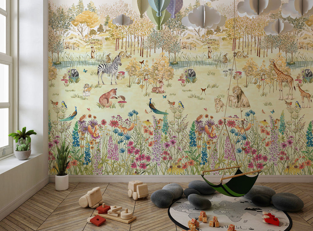 Tapet Personalizat Lumea Animalelor cu padure inflorita plina si animalute  - CROWDED COLORFUL FOREST