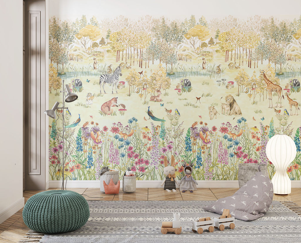 Tapet Personalizat Lumea Animalelor cu padure inflorita plina si animalute  - CROWDED COLORFUL FOREST