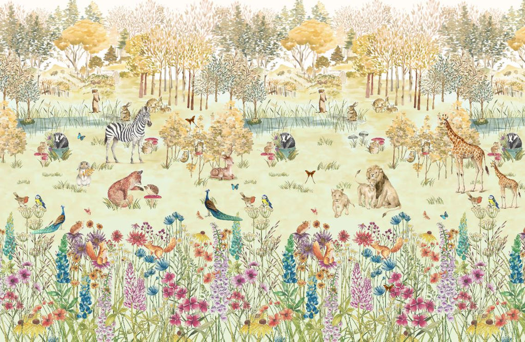 Tapet Personalizat Lumea Animalelor cu padure inflorita plina si animalute  - CROWDED COLORFUL FOREST