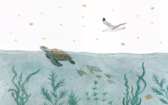 Tapet Personalizat Lumea Animalelor cu testoase, pelican si plante marine  - TORTOISE SWIM