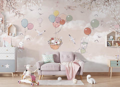 Tapet Personalizat Lumea Animalelor cu iepurasi in cosulet plutind cu baloane colorate - BUNNY BASKET