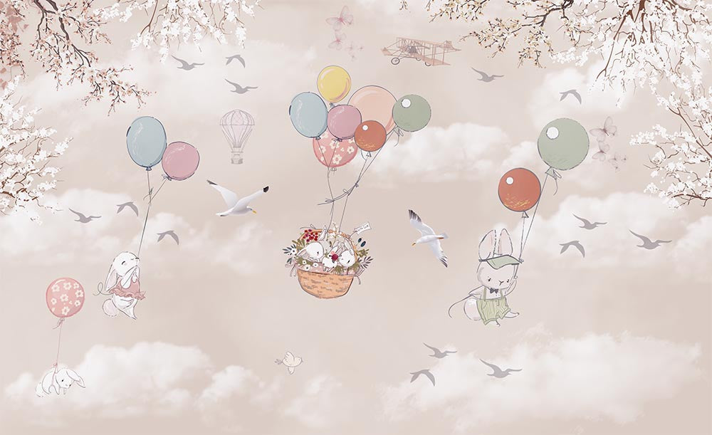 Tapet Personalizat Lumea Animalelor cu iepurasi in cosulet plutind cu baloane colorate - BUNNY BASKET