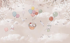 Tapet Personalizat Lumea Animalelor cu iepurasi in cosulet plutind cu baloane colorate - BUNNY BASKET