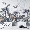 Tapet personalizat epoca dinozaurilor pentru copii cu palmieri vulcani si dinozauri pe un fundal alb dino sketch