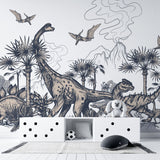 Tapet personalizat epoca dinozaurilor pentru copii cu palmieri vulcani si dinozauri pe un fundal alb dino sketch