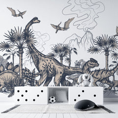 Tapet personalizat epoca dinozaurilor pentru copii cu palmieri vulcani si dinozauri pe un fundal alb dino sketch