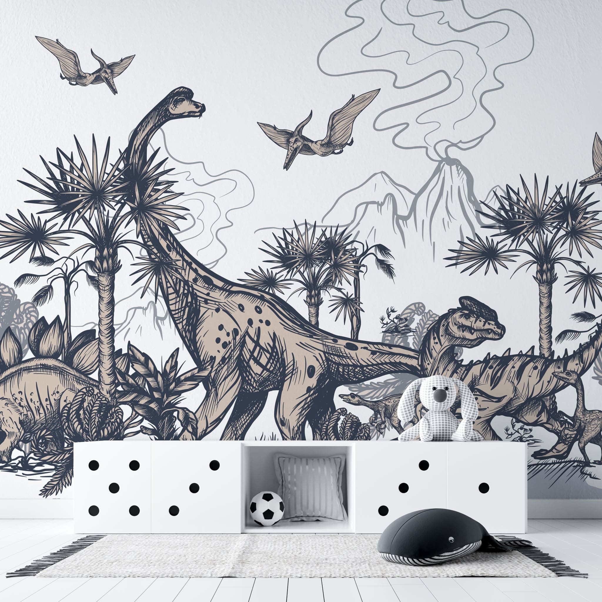 Tapet personalizat epoca dinozaurilor pentru copii cu palmieri vulcani si dinozauri pe un fundal alb dino sketch