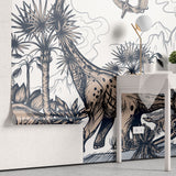 Tapet personalizat epoca dinozaurilor pentru copii cu palmieri vulcani si dinozauri pe un fundal alb dino sketch