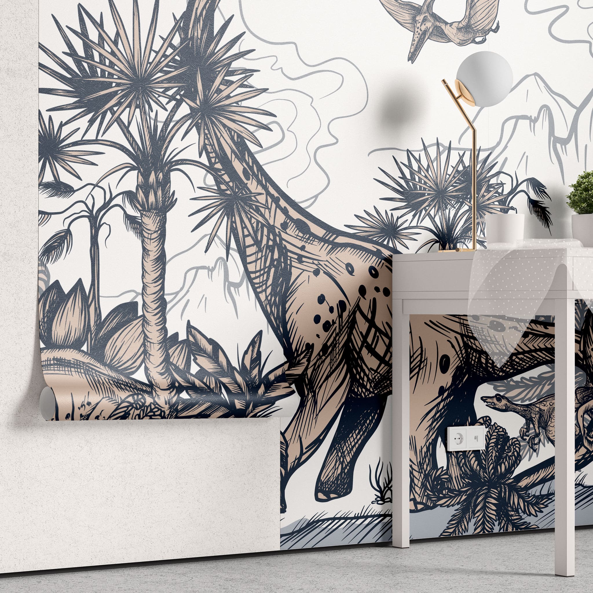 Tapet personalizat epoca dinozaurilor pentru copii cu palmieri vulcani si dinozauri pe un fundal alb dino sketch