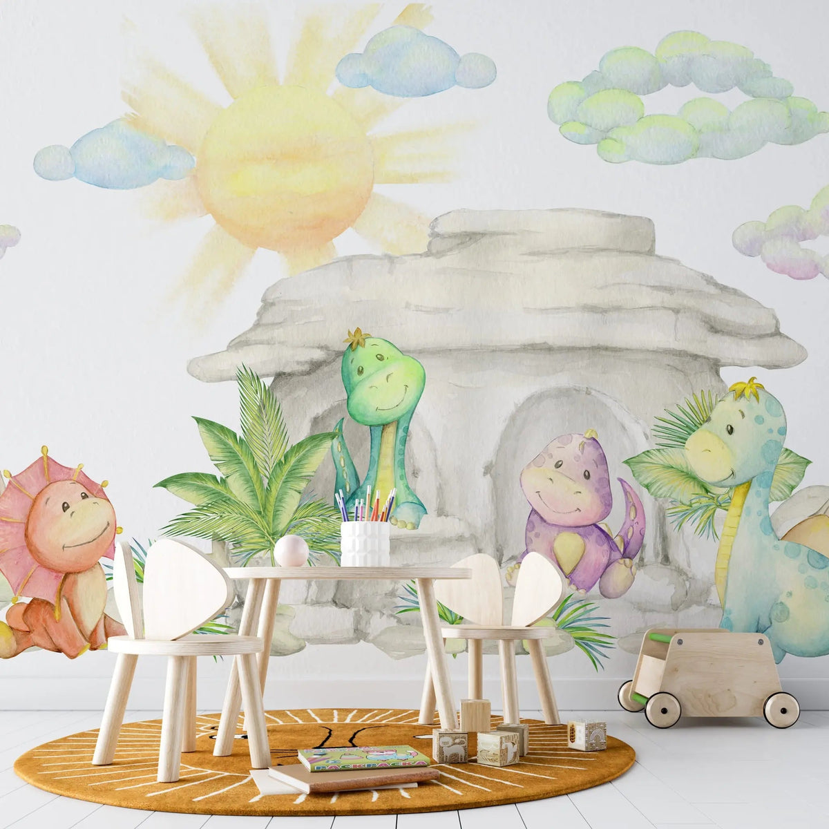 Tapet personalizat epoca dinozaurilor pentru copii cu dinozauri multicolori in stil de ilustratie in acuarela dino park