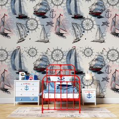 Tapet personalizat micii exploratori pentru copii cu model maritim barci carme ancore si stele de mare sail boats