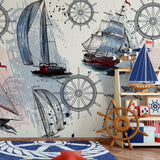 Tapet personalizat micii exploratori pentru copii cu model maritim barci carme ancore si stele de mare sail boats