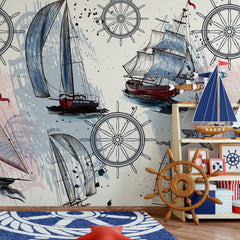 Tapet personalizat micii exploratori pentru copii cu model maritim barci carme ancore si stele de mare sail boats