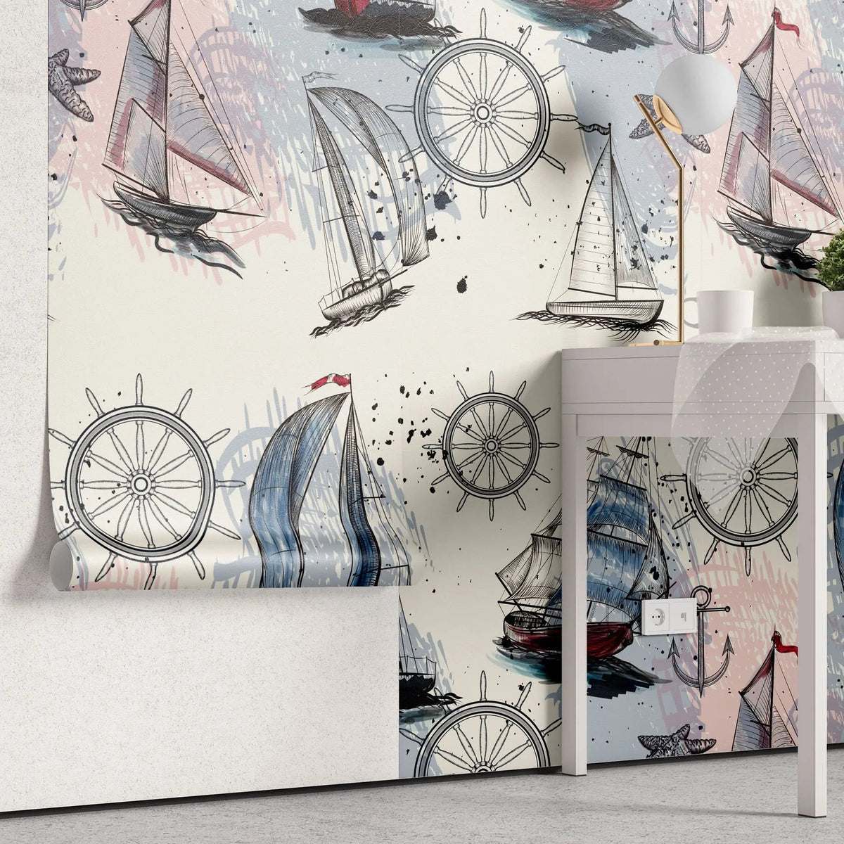 Tapet personalizat micii exploratori pentru copii cu model maritim barci carme ancore si stele de mare sail boats