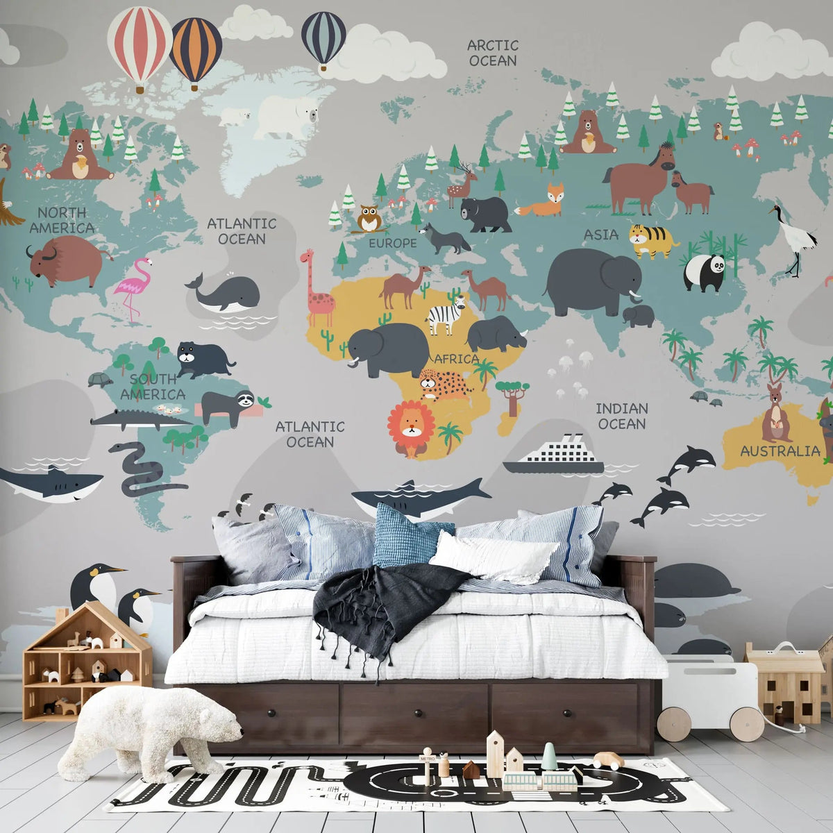 Tapet personalizat micii exploratori pentru copii cu harta lumii a animalelor animal's map