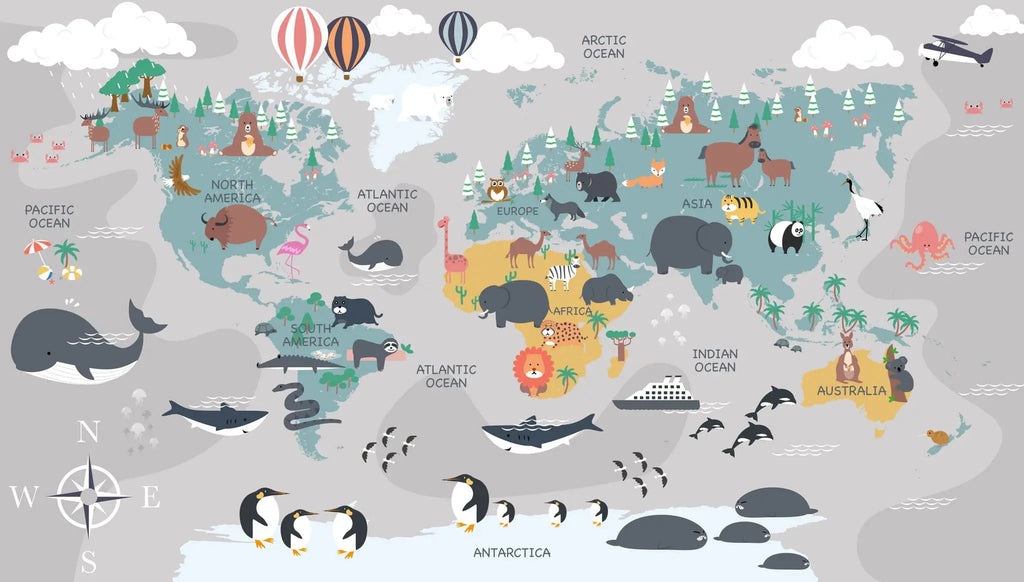 Tapet personalizat micii exploratori pentru copii cu harta lumii a animalelor animal's map