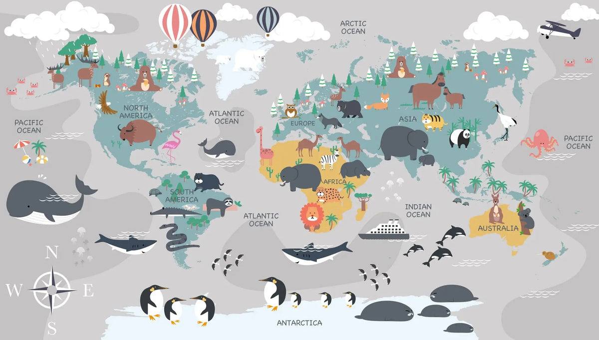 Tapet personalizat micii exploratori pentru copii cu harta lumii a animalelor animal's map