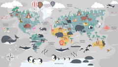 Tapet personalizat micii exploratori pentru copii cu harta lumii a animalelor animal's map