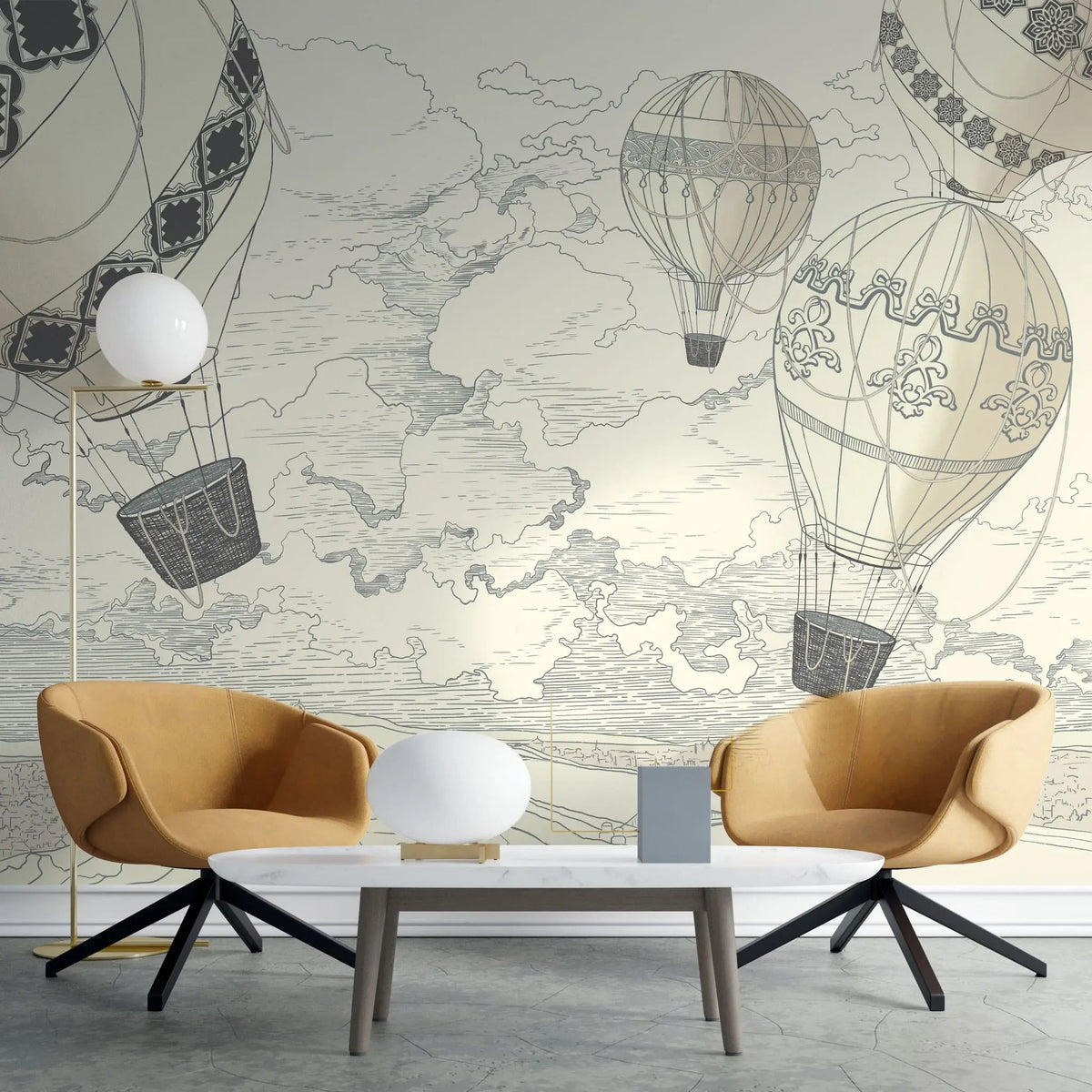 Tapet personalizat micii exploratori pentru copii cu baloane cu aer cald air baloons sketch