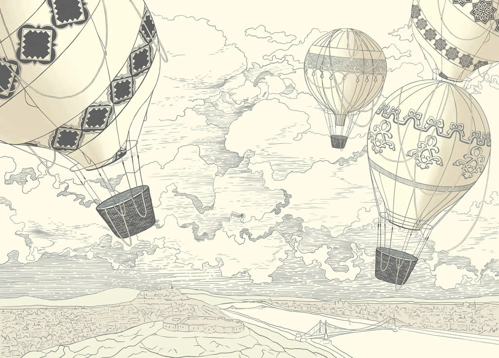 Tapet personalizat micii exploratori pentru copii cu baloane cu aer cald air baloons sketch