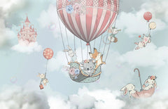 Tapet personalizat micii exploratori pentru copii cu animale in baloane cu aer printre nori air baloon animals