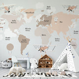 Tapet personalizat micii exploratori pentru copii cu harta lumii pe continente in culori calde pastel avioane si baloane cu aer cald flying continents