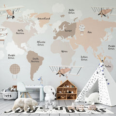Tapet personalizat micii exploratori pentru copii cu harta lumii pe continente in culori calde pastel avioane si baloane cu aer cald flying continents
