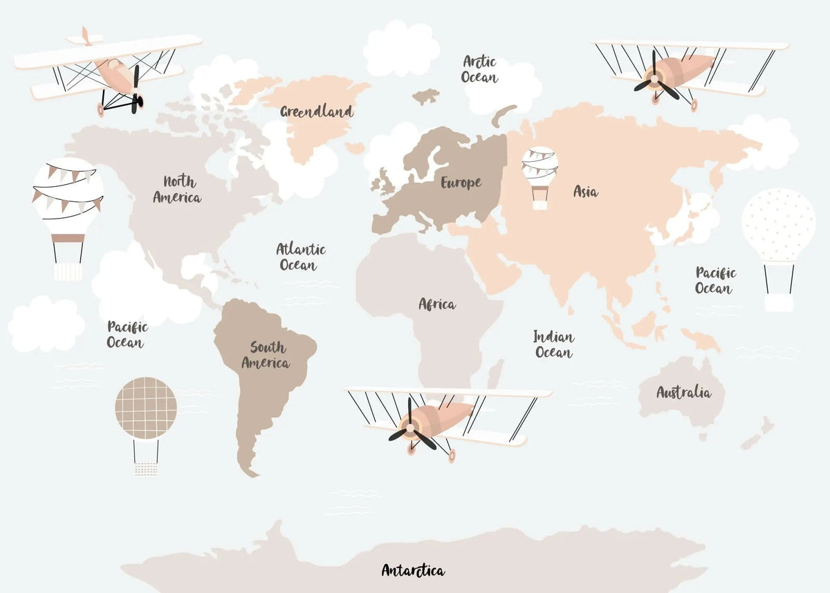 Tapet personalizat micii exploratori pentru copii cu harta lumii pe continente in culori calde pastel avioane si baloane cu aer cald flying continents