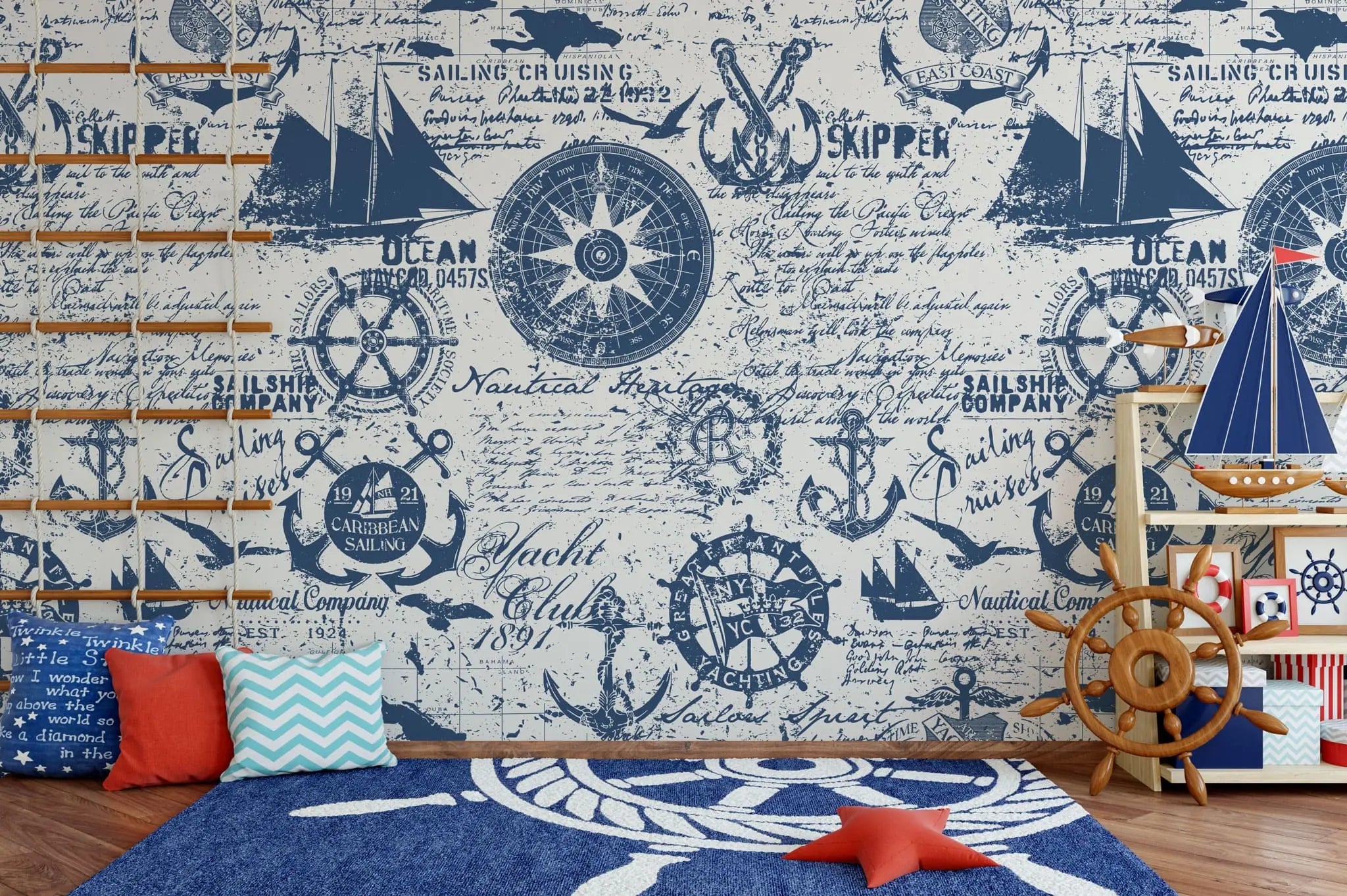 Tapet personalizat micii exploratori pentru copii cu elemente maritime barci ancore carme si busole caribbean sailing