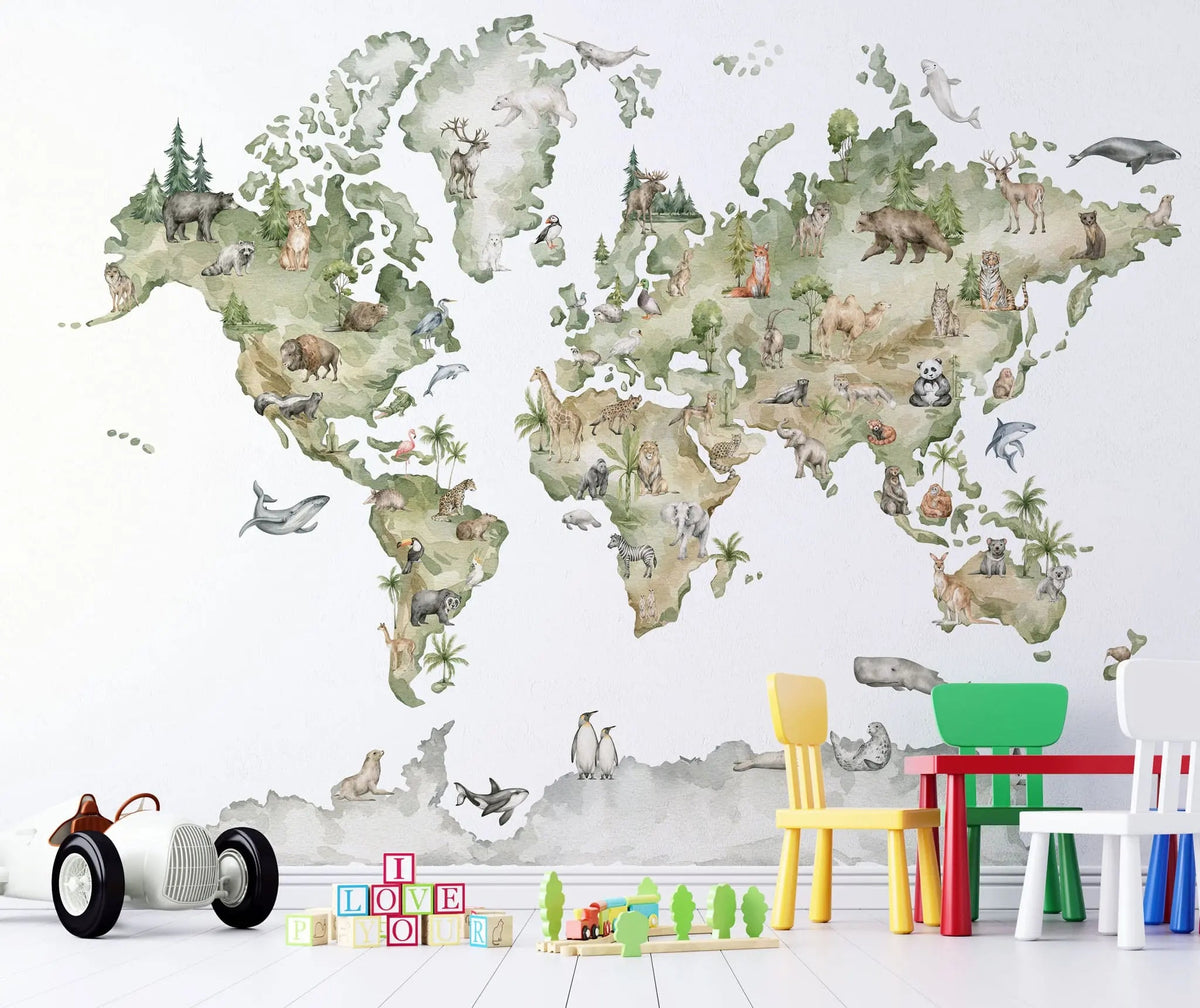 Tapet personalizat micii exploratori pentru copii cu harta lumii pe cu flora si fauna continentelor zoo map