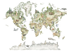 Tapet personalizat micii exploratori pentru copii cu harta lumii pe cu flora si fauna continentelor zoo map