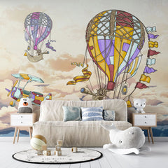 Tapet personalizat micii exploratori pentru copii cu barcute colorate zburatoare peste marea albastra flying pirates
