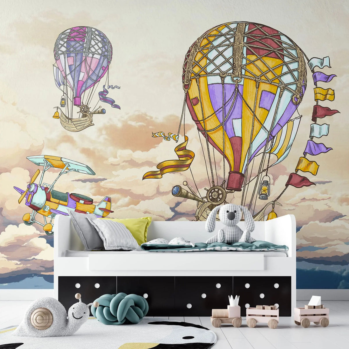 Tapet personalizat micii exploratori pentru copii cu barcute colorate zburatoare peste marea albastra flying pirates