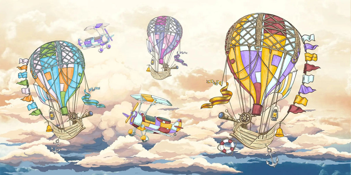 Tapet personalizat micii exploratori pentru copii cu barcute colorate zburatoare peste marea albastra flying pirates