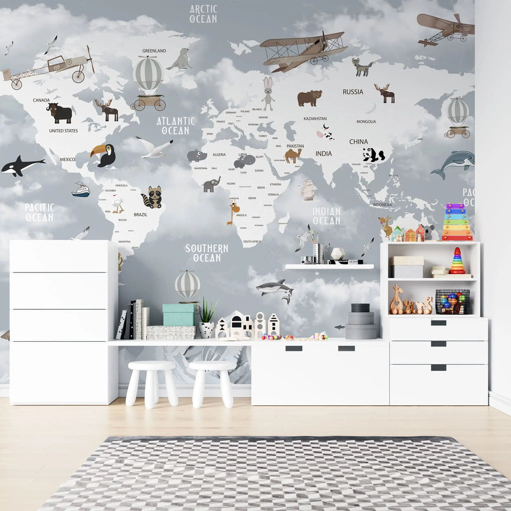 Tapet personalizat micii exploratori pentru copii cu harta lumii pe tari avioane si animale specifice zonei countries