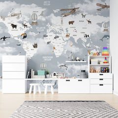 Tapet personalizat micii exploratori pentru copii cu harta lumii pe tari avioane si animale specifice zonei countries