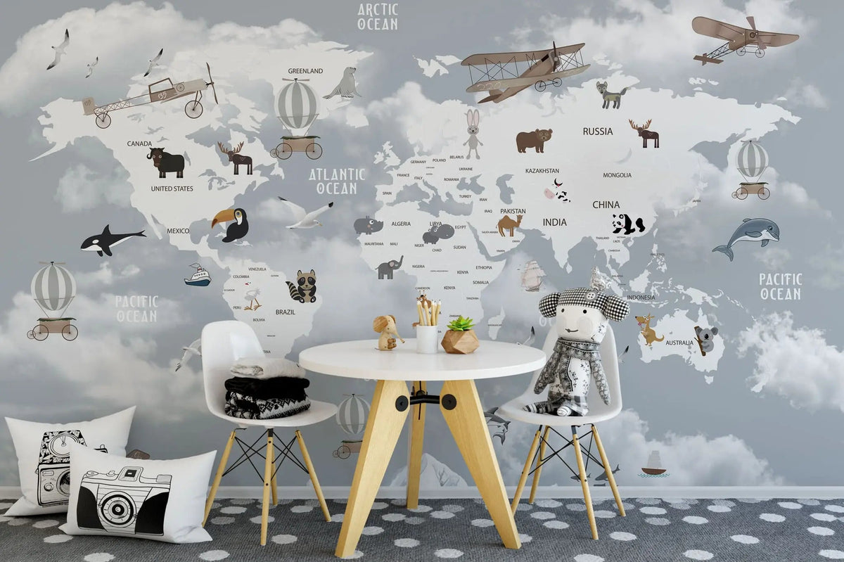 Tapet personalizat micii exploratori pentru copii cu harta lumii pe tari avioane si animale specifice zonei countries