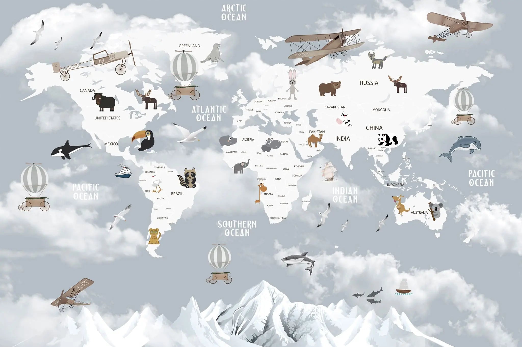 Tapet personalizat micii exploratori pentru copii cu harta lumii pe tari avioane si animale specifice zonei countries