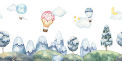 Tapet personalizat micii exploratori pentru copii cu baloane cu aer cald zburand peste natura inzapezita winter baloon