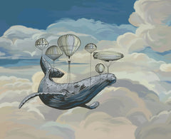 Tapet personalizat micii exploratori pentru copii cu o balena zburand printre nori cu ajutorul baloanelor cu aer flying whale