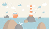 Tapet personalizat micii exploratori pentru copii cu pescarusifar si vapoare pe mare lighthouse