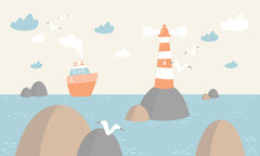 Tapet personalizat micii exploratori pentru copii cu pescarusifar si vapoare pe mare lighthouse