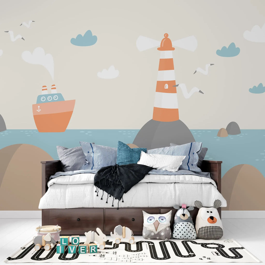 Tapet personalizat micii exploratori pentru copii cu pescarusifar si vapoare pe mare lighthouse