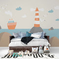 Tapet personalizat micii exploratori pentru copii cu pescarusifar si vapoare pe mare lighthouse