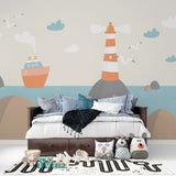 Tapet personalizat micii exploratori pentru copii cu pescarusifar si vapoare pe mare lighthouse