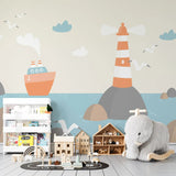 Tapet personalizat micii exploratori pentru copii cu pescarusifar si vapoare pe mare lighthouse